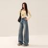 Retro Street American Back Bag Flip Design Jeans Women's New Loose High Waist Versatile Mopping Wide Leg Pants Tide