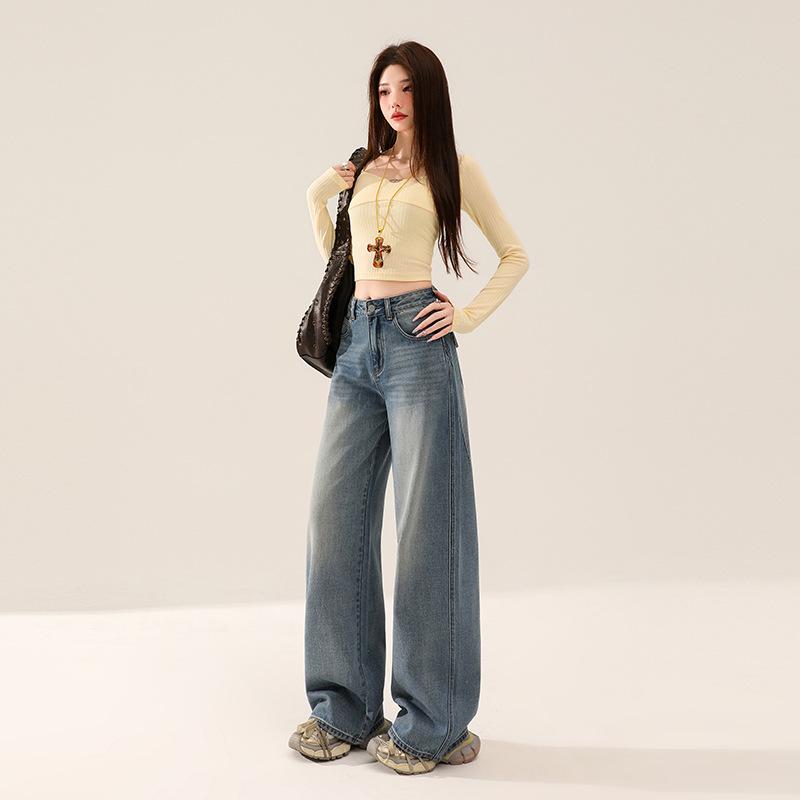Retro Street American Back Bag Flip Design Jeans Women's New Loose High Waist Versatile Mopping Wide Leg Pants Tide