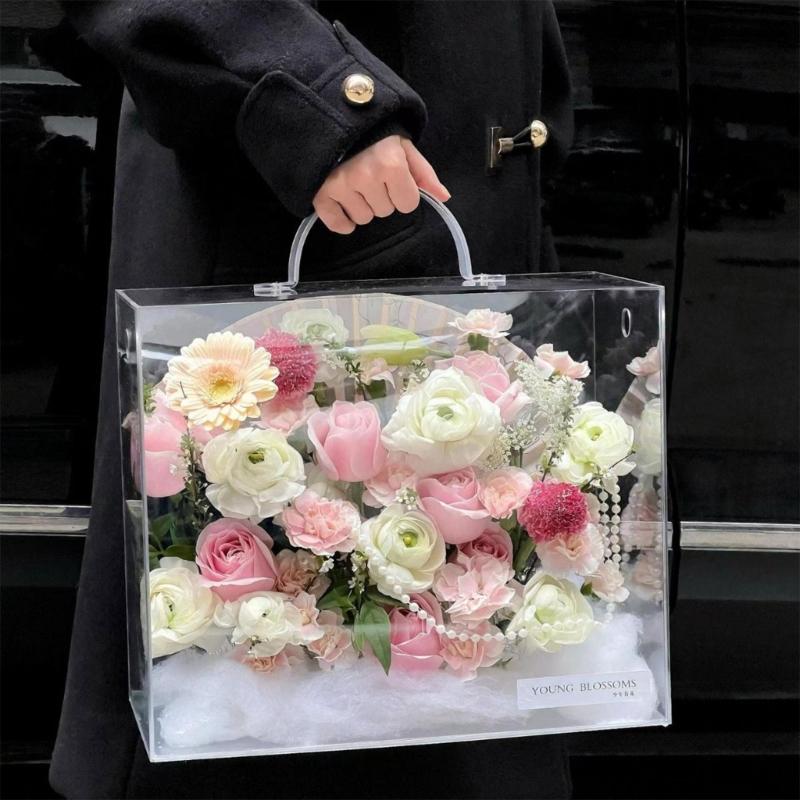 Elegant Clear Acrylic Hand Carry Box Flower Display Container Perfect For Flower Displays And Special Event