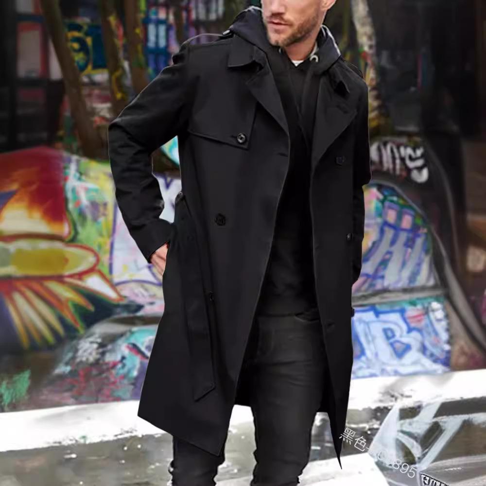 Frühling und Herbst Einfarbig Europäischer und Amerikanischer Langarm-Trenchcoat Herren Revers Schmal geschnittene Zweireihige Freizeitjacke