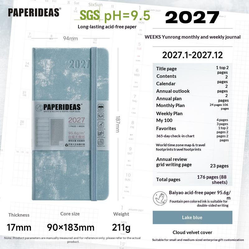 Paperideas Slim 2027 Weekly Planner Notebook PU Hardcover Weeks Journal Acid‑Free Paper Time Organizer Schedule Hand Book