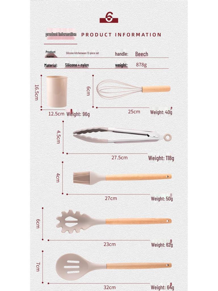 12-Piece Silicone Kitchen Tool Set with Wooden Handles & Storage Bucket