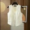 Women's Lime Green Jacquard Vest Sleeveless V-Neck Button-Down Casual Waistcoat