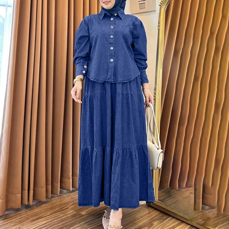 

ZANZEA Женская блузка с длинным рукавом и юбки Повседневный комплект из двух частей синий