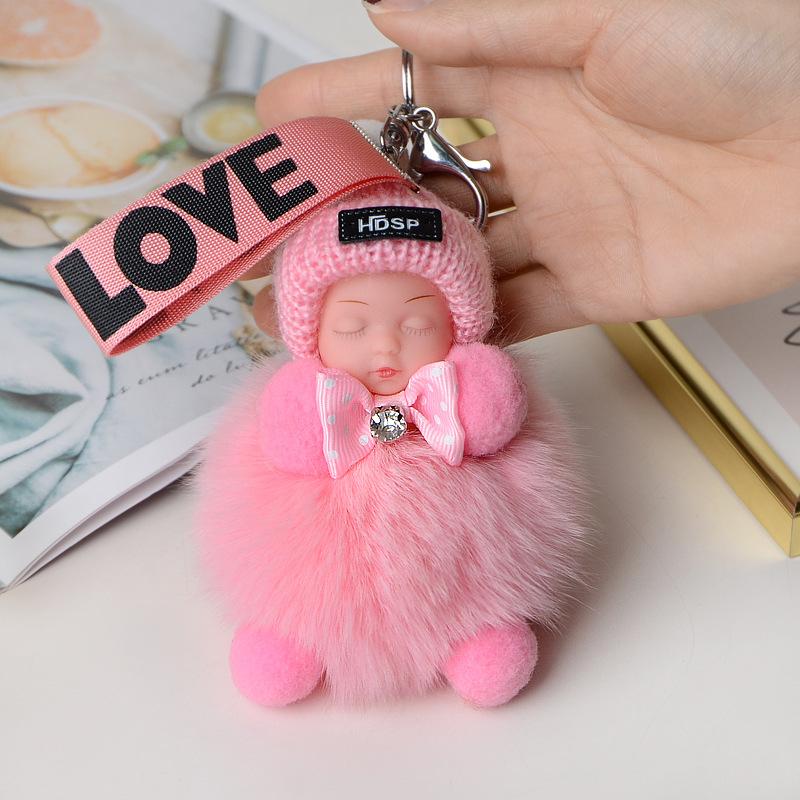 Pompom Sleeping Doll Keychain Cute Fluffy Plush Doll Keychains Women Girl Bags Keyrings Cars Key Ring Gift Charming Decoration