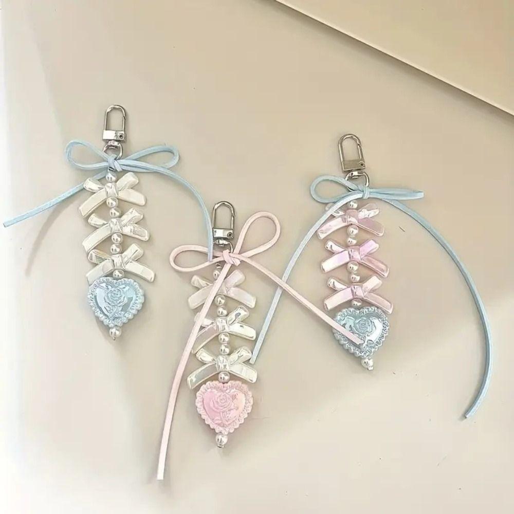 Cartoon Bow Ribbon Bead Keychain Handmade Bag Pendant Bag Charms Keychain Decor