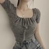 Temperament Square Collar Tie Bow Slim Design Short-sleeved Knitted Sweet Top