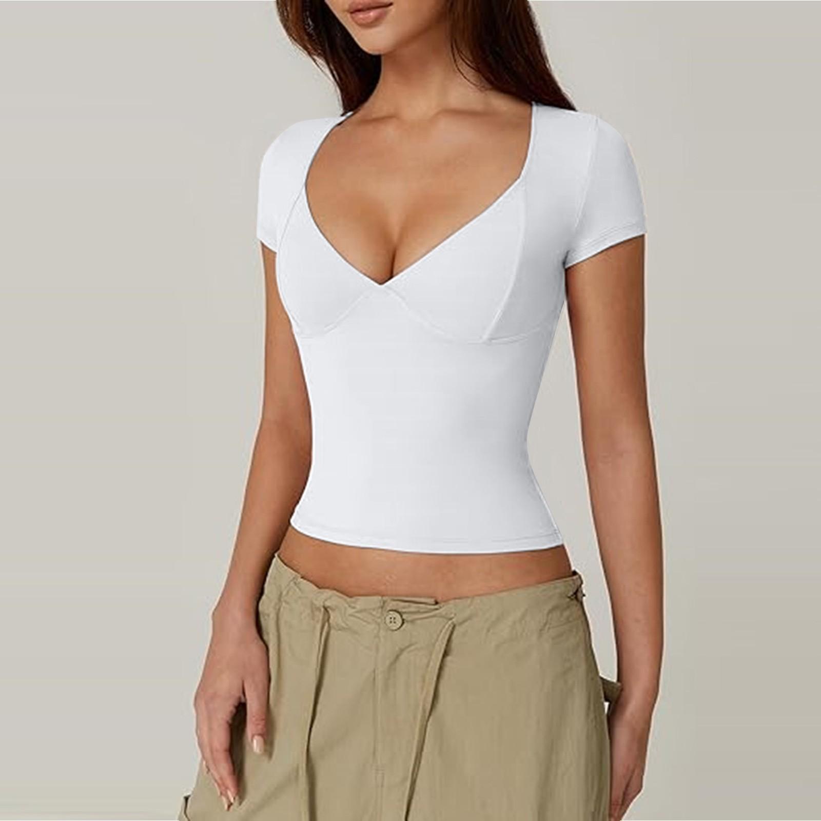 

Женский топ, облегающая футболка, топ с v-образным вырезом и низом, сексуальный однотонный топ с короткими рукавами, футболка L белый