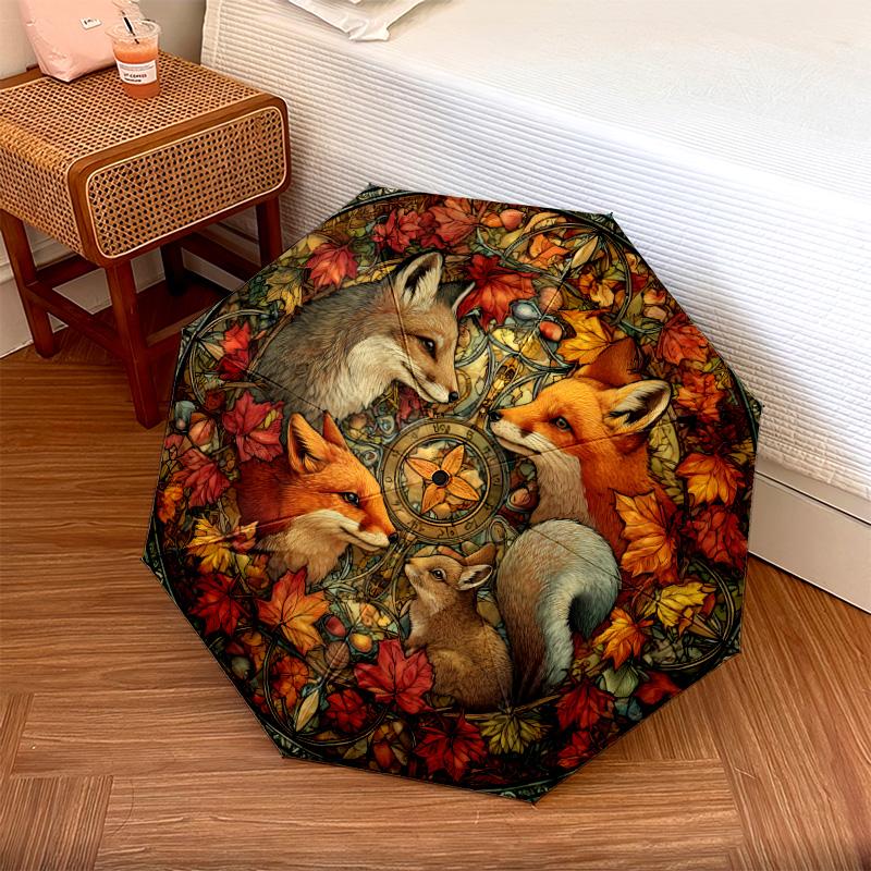 0106 Leaf Fox  Pattern, Automatic Folding Umbrella, Portable and Foldable Design, 8 Ribs, a Christmas or Birthday Gift.