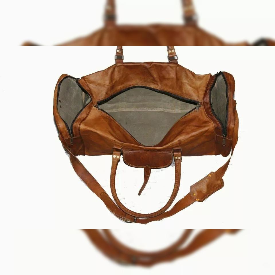New Vintage Brown Goat Leather Gym Duffel Travel Luggage Genuine Men Bag Brown