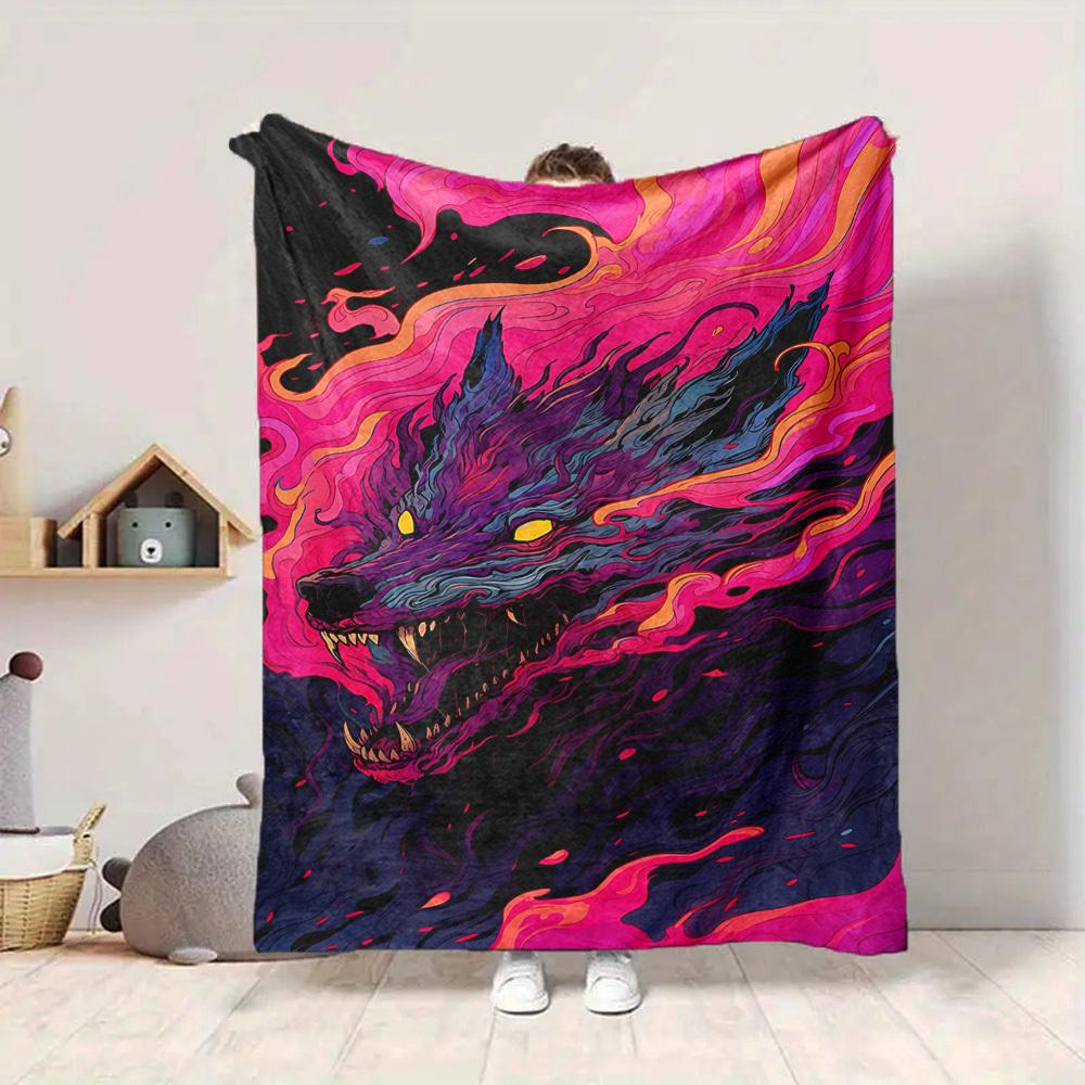 1pc Wolf Flames Blanket, Lightweight Flannel Throw Blanket For Sofa, Bed, Travel, Camping, Living Room, Office, Couch, Chair, And Bed