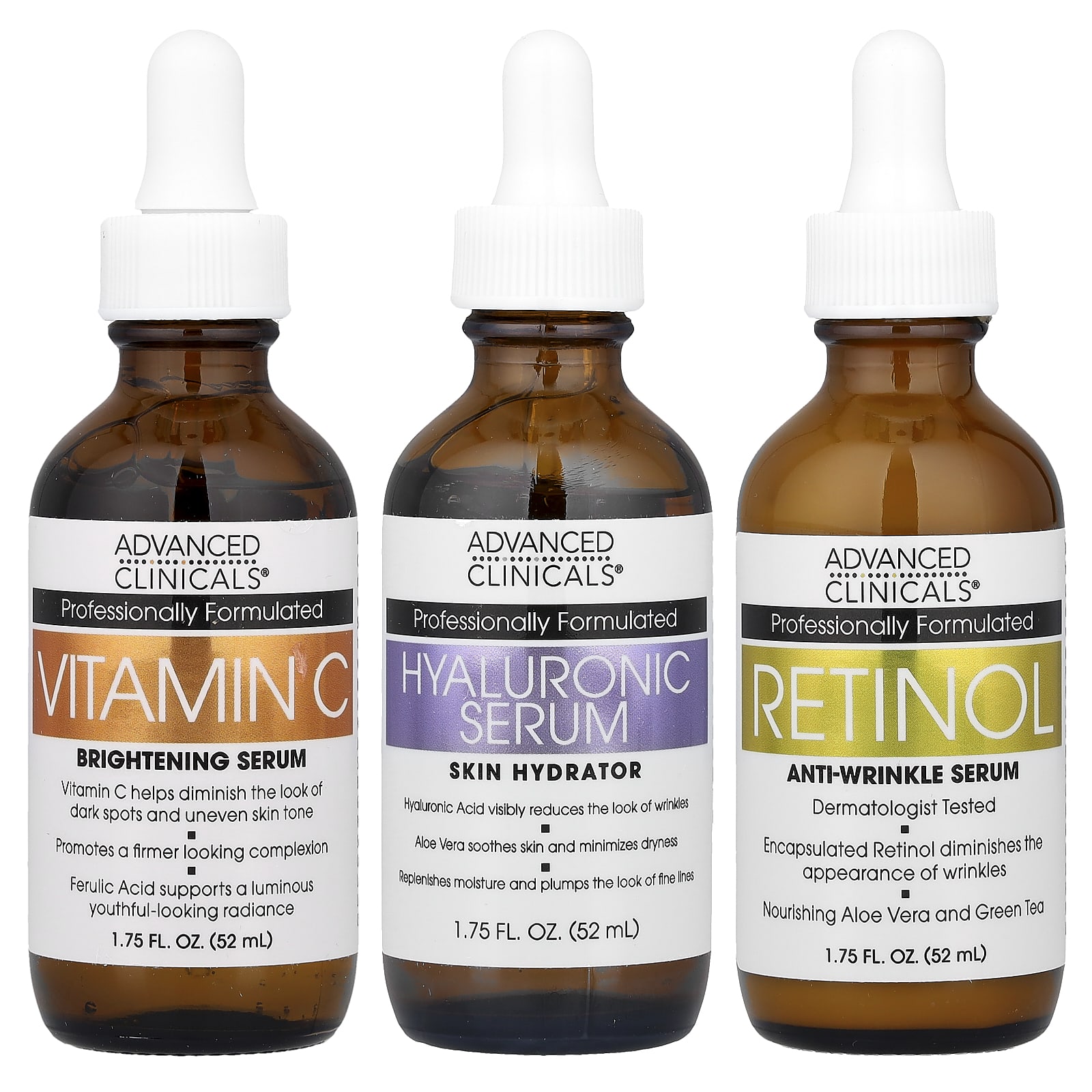 Advanced Clinicals Face Serum Essentials Set – Vitamine C, Retinol & Hyaluronzuur – Travel Size 3-Pack