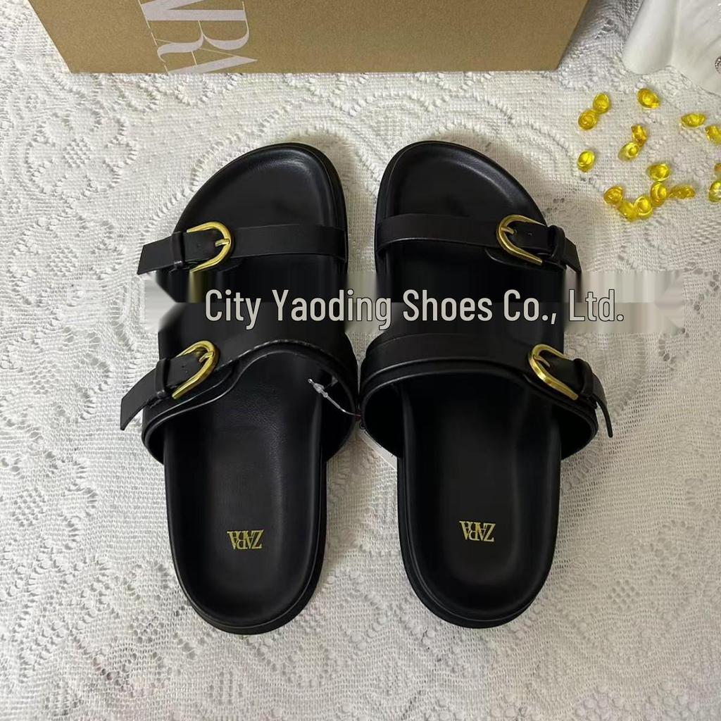 ZA2025 Women's Black One-Strap Backless Breathable Round Toe Flat Sandals