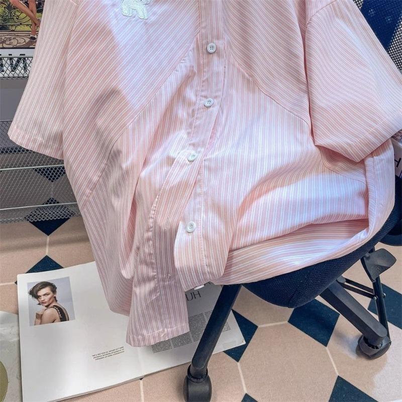 Dog Embroidered Striped Shirt for Female Pink Summer Short Sleeved Lapel Tops Japanese Chic Loose Single Breasted Shirts