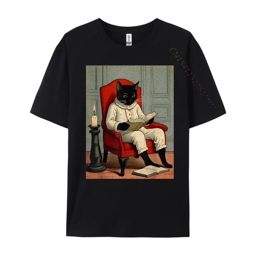 Funny Black Cat Reading A Book Fall Clothes Aesthetic Men's T-Shirts Loose