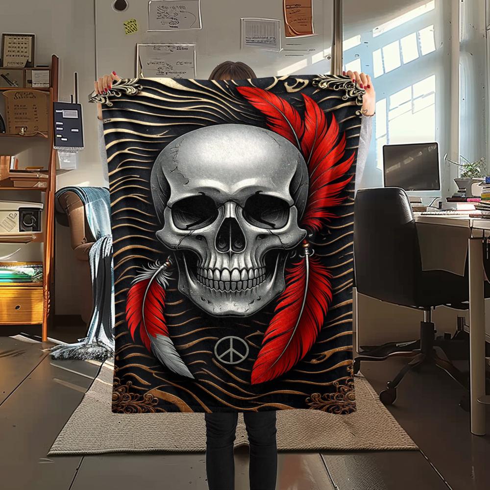1Pc Skull Head Print Flannel Blanket, High Quality Comfortable for All Seasons, Home Decor, Warmth and Comfort, Perfect for Gifts