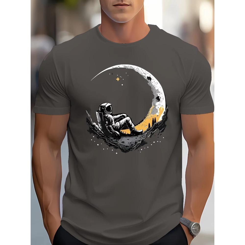 Men's summer 100 cotton fashionable casual loose plus size landing moon pattern printed sports round neck short sleeved T-shirt