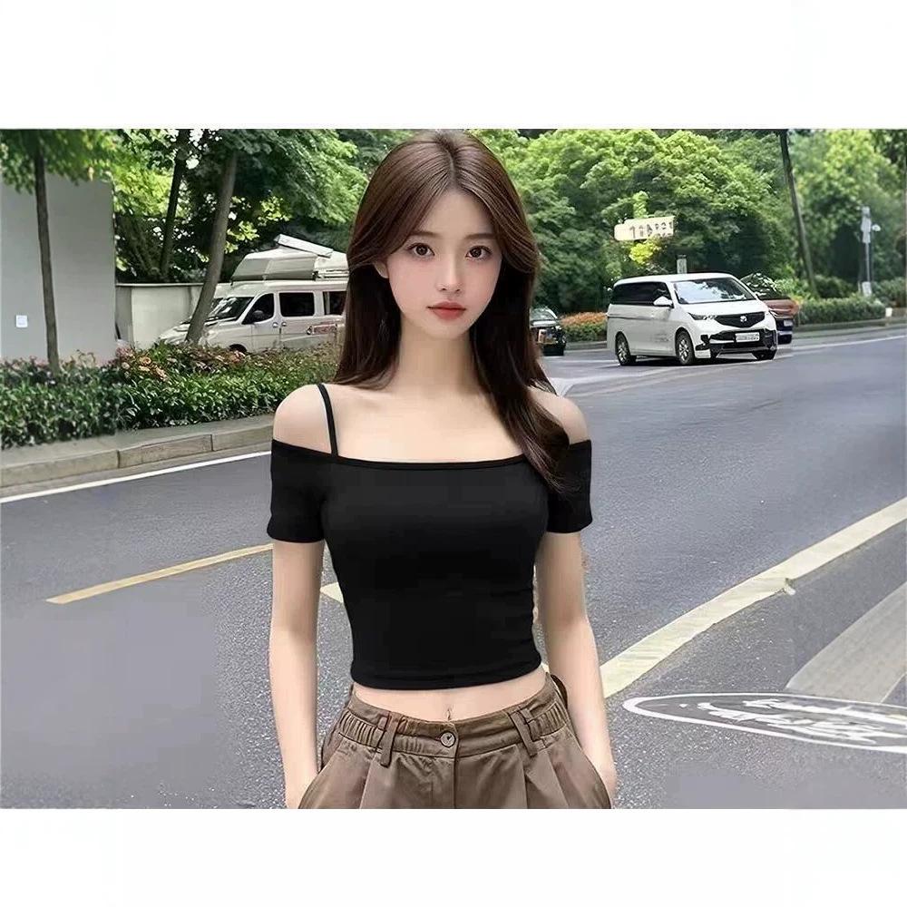 Summer New Off-the-shoulder Suspender Short-sleeved T-shirt Female Slim and Thin One-word Shoulder Short Sexy Belly Button Top Trendy