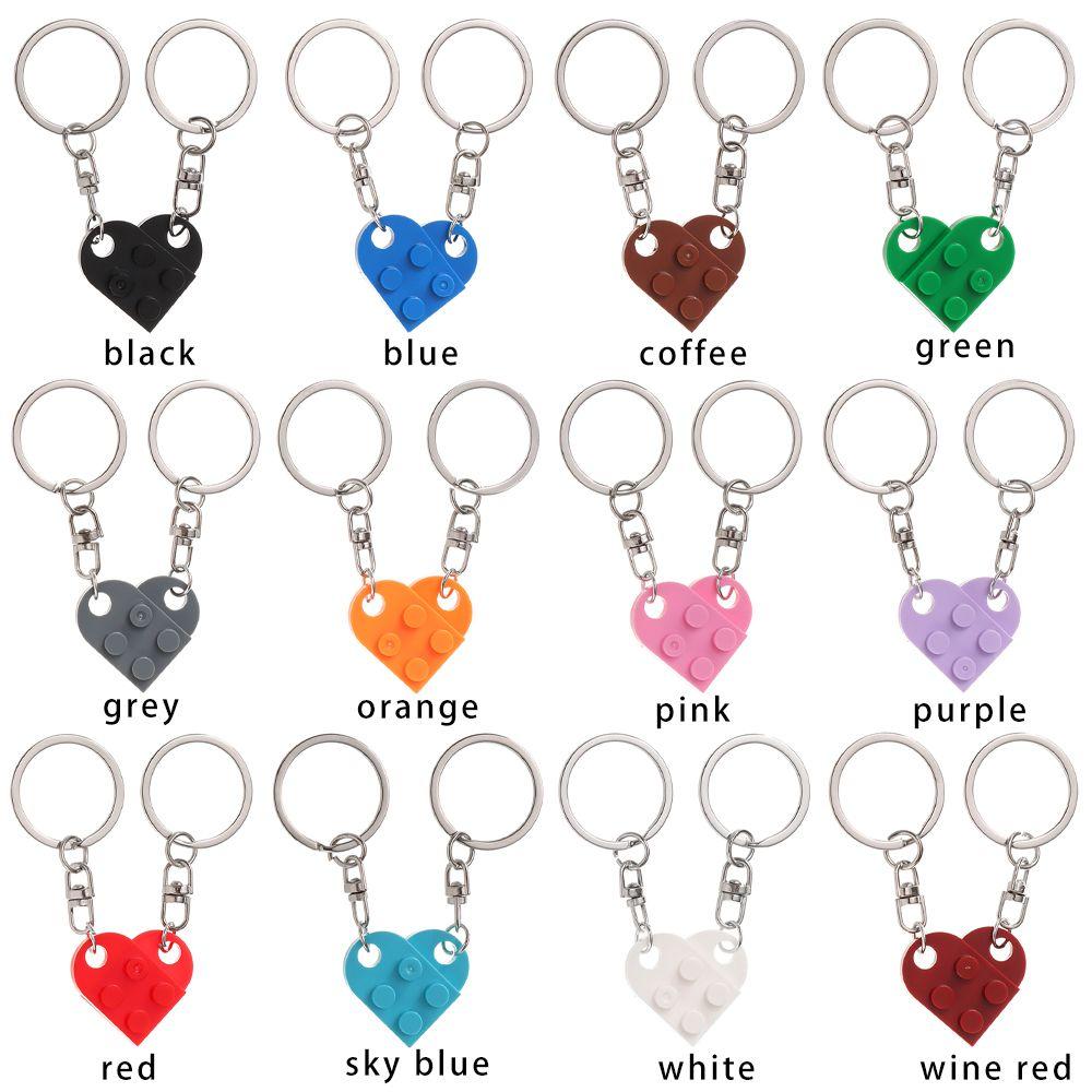 2PCS Love Heart Cute Couples Friendship Building Block Key Ring Key Buckle Heart Pendant