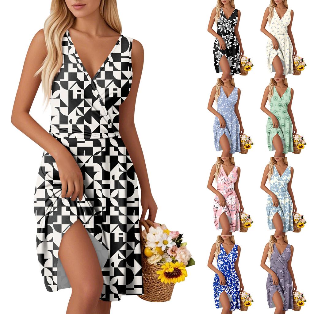 Women's Fashion V-Neck Waist Printed Sleeveless Vest Dresses