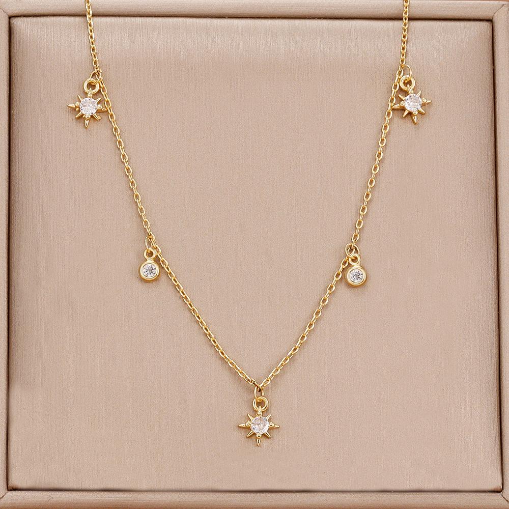 Vintage Stainless Steel Zircon Star Charms Necklaces For Women Elegant Luxury 18k Gold Plated Chain Necklace Choker Jewelry
