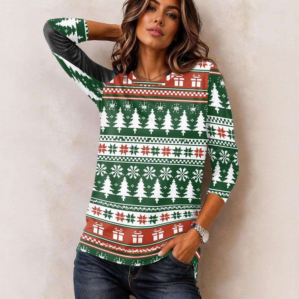 Women's Christmas Print Long Sleeve Neck Pullover Top