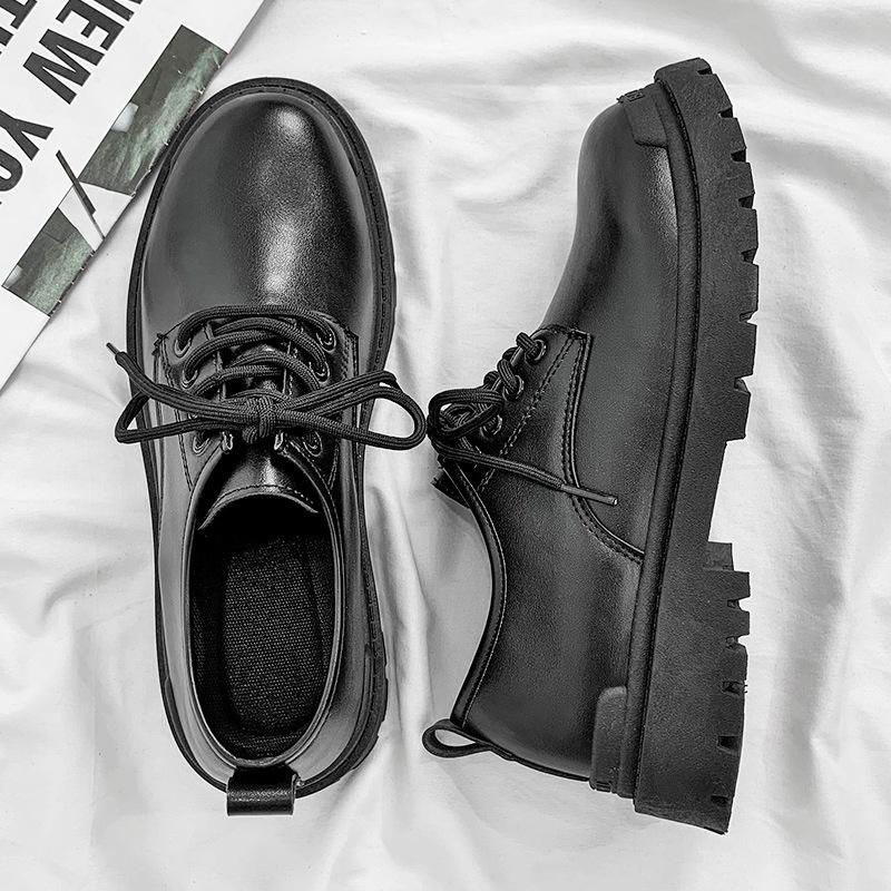 Black big head leather shoes winter business dress British style small leather shoes soft sole casual shoes autumn and winter