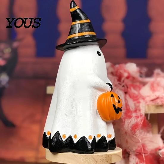 Halloween Home Decor Ghost Figurine, Cute Wearing Hat And Holding Holiday Vibes Pumpkin Statue, Resin Ornament for Shelf Tabletop Spooky Decoration