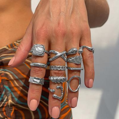 12Pcs/Set Punk Vintage Geometric Open Rings For Women Exaggerated Irregular Silver Color Rings Sets Knuckle Joint Rings Jewelry