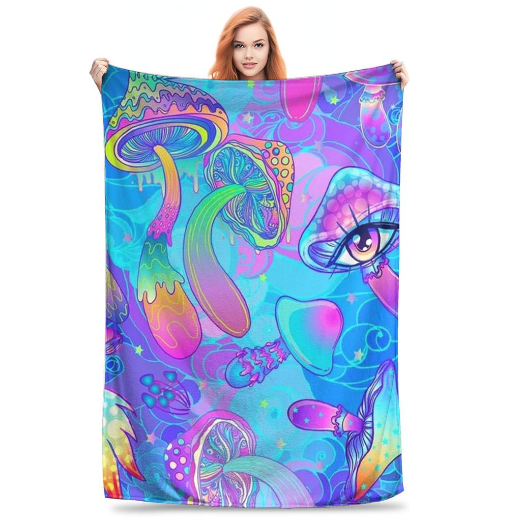 Flannel Throw Blanket Magic Mushroom Trippy Warm Plush Blankets Soft Bedspread for Bed Living Room Home Travel Couch