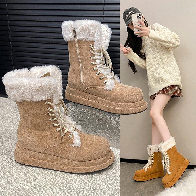 Cowhide version, new products in autumn and winter, fluffy thick-soled snow boots, medium tube, winter fur integrated piling, thickening, keeping war