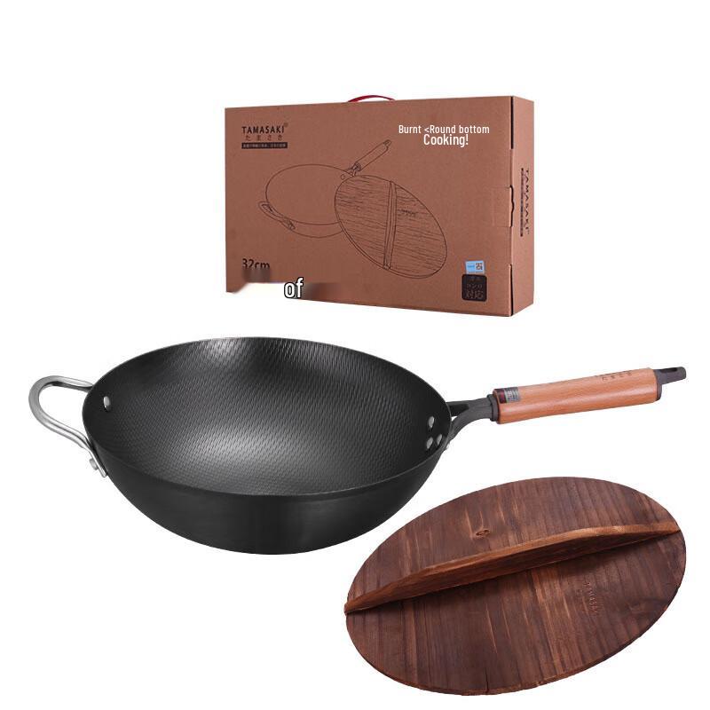 Yetele Coating-Free Round-Bottom Non-Stick Wok with Wood Lid
