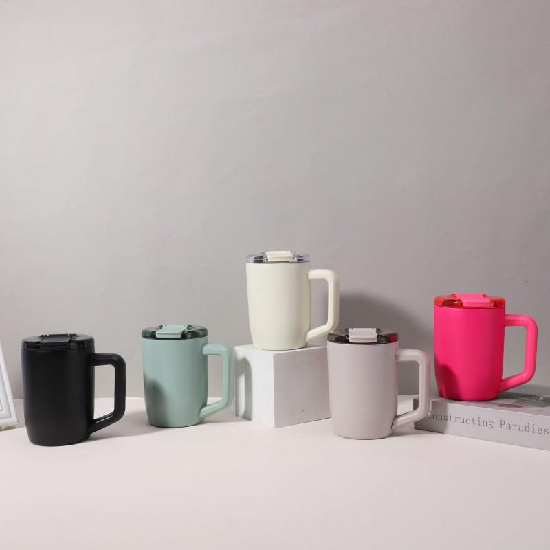 Stainless Steel Travel Mug With Handle - Vacuum Insulated Coffee Cup Office Home Commute 15oz Leakproof Lid