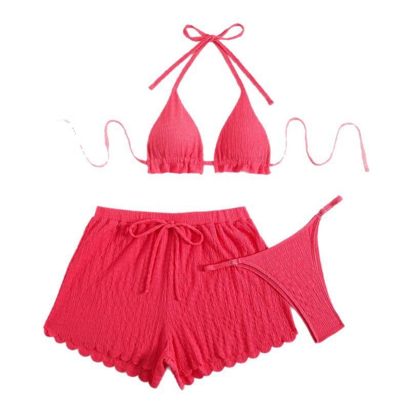 Sexy Bikini Three-piece Fabric Swimsuit Women's Solid Color Beachwear Vacation