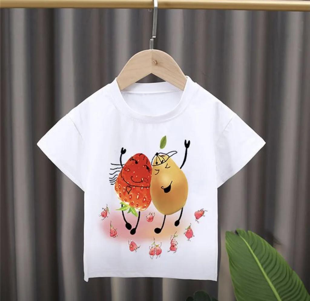 New Style Childrens Cartoon Fruit Print Roundneck Shortsleeved Tshirt Girl Clothes Boys Clothes Kids Clothes Modal Fabric