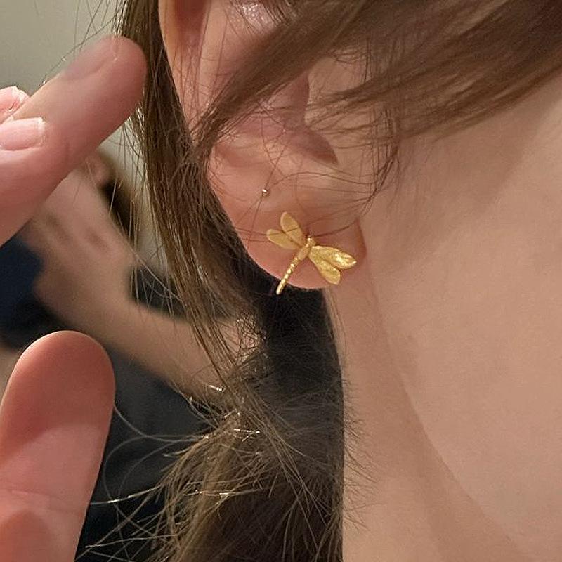 Inspiration fresh mini dragonfly stud earrings Matte texture high-end artistic style brushed earrings for women fine