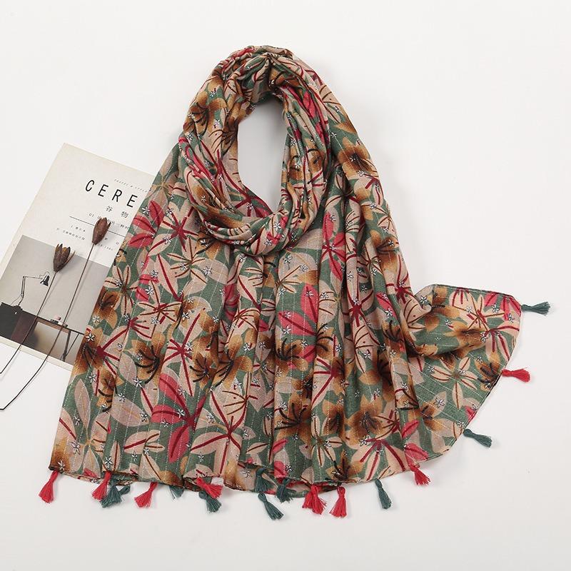 Spring and Autumn New Bali Yarn Tassel Retro Printed Geometric Scarf Versatile Fashion Travel Sunscreen Shawl Silk Scarf Women