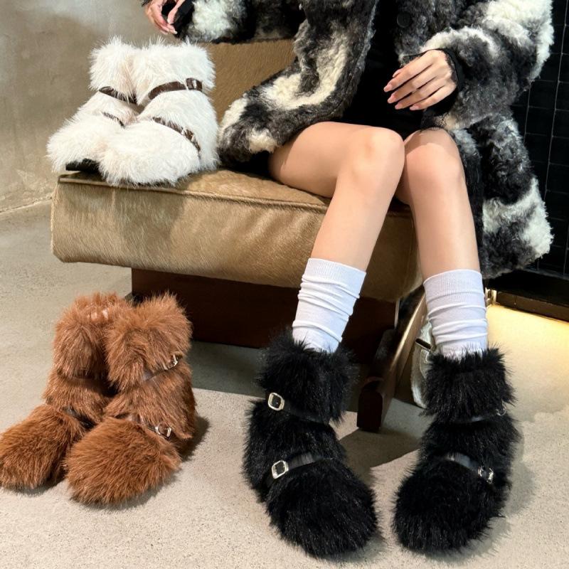 2025 autumn and winter snow boots flat bottom inner height increase thick sole high heel boots women's short boots fluffy boots belt buckle fleece war