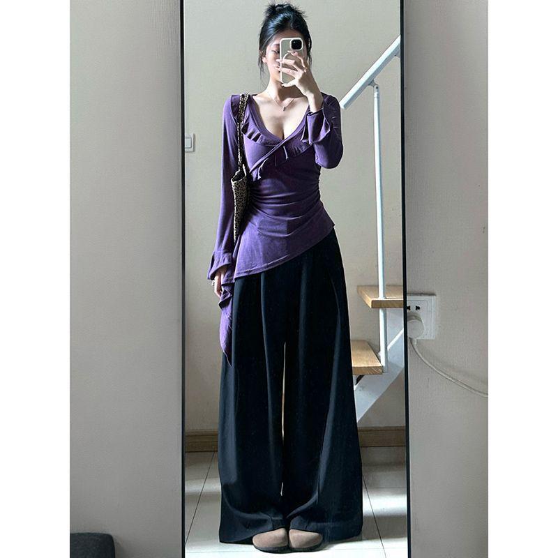 

Purple Ruffle V-Neck Long-Sleeve Slim-Fit Top for Women - Autumn/Winter XL