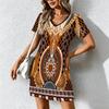 Moda Estiva Donna Scollo a V Manica Corta Retro Geometrico Stampato Vestito Sex Corto Gonna Vestiti