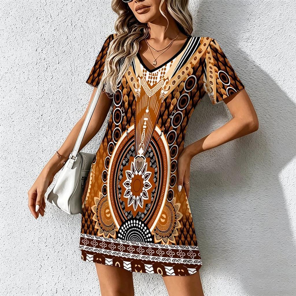 Moda Estiva Donna Scollo a V Manica Corta Retro Geometrico Stampato Vestito Sex Corto Gonna Vestiti
