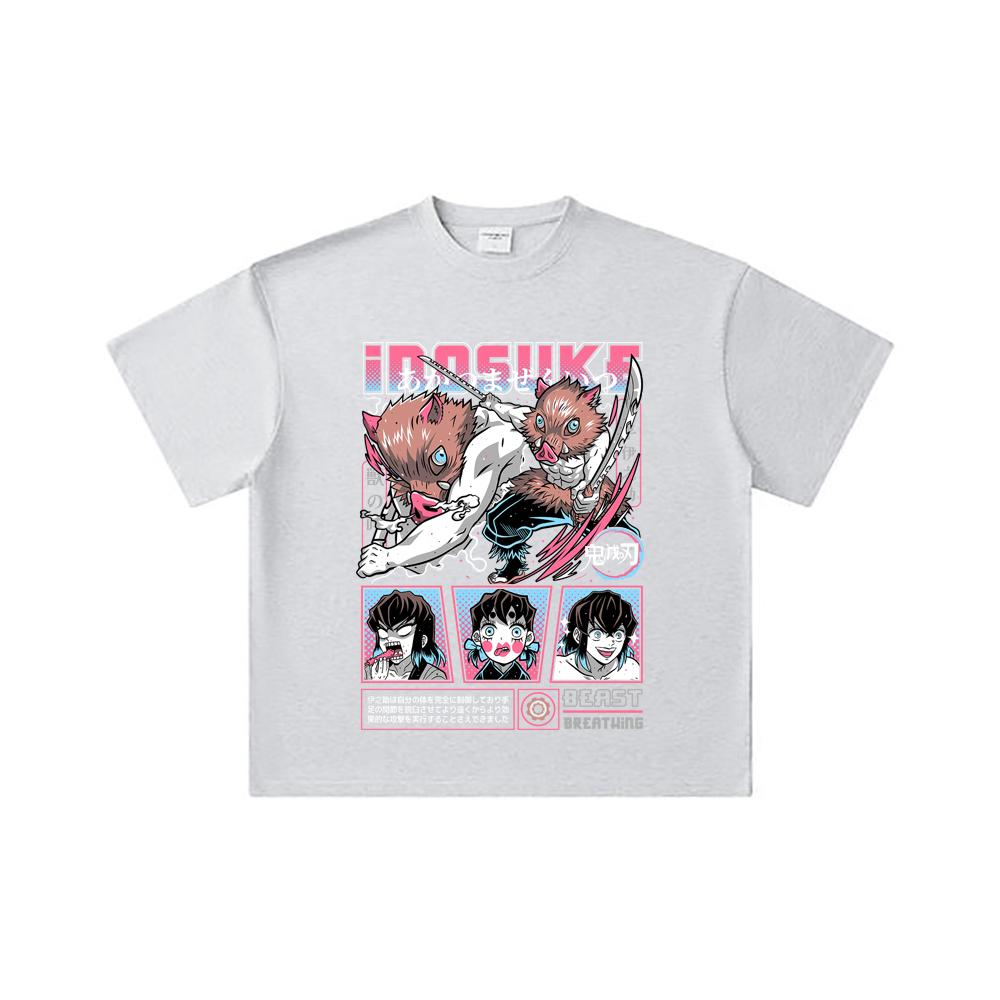 260 GSM Double Yarn 32 Count 100% Cotton Demon Slayer V28 Inosuke Print Unisex Heavy Cotton T Shirt