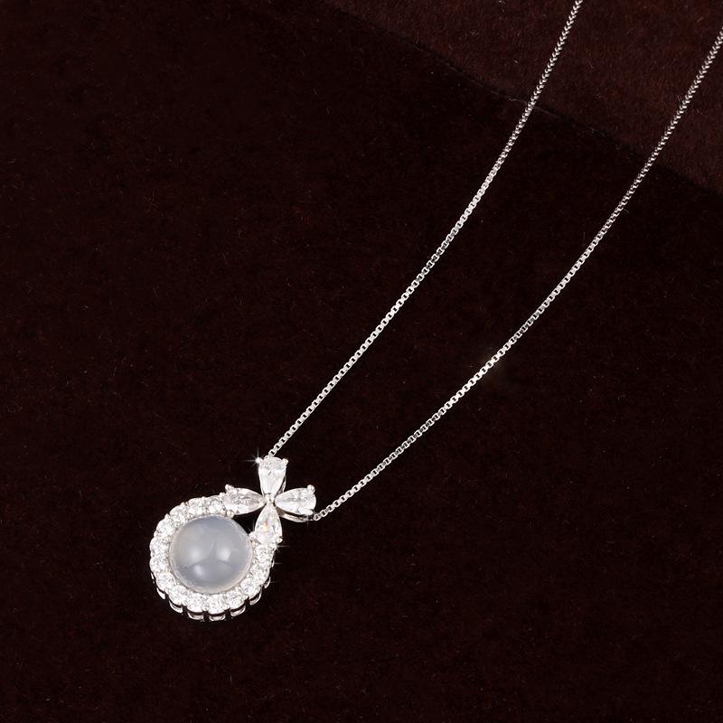 Exquisite S925 Sterling Silver Bowknot & Diamond Necklace with White Chalcedony 925 Silver
