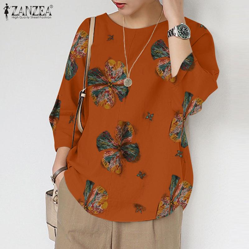 

ZANZEA Женская повседневная летняя блузка с круглым вырезом и длинным рукавом с принтом, топы