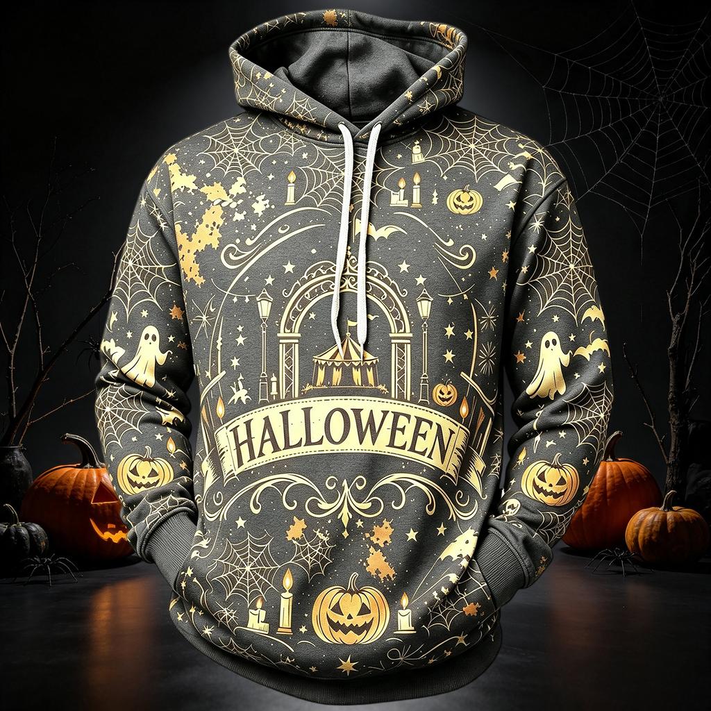 Men's Casual Long Sleeve Hoodie with Halloween Print for Everyday Wear
