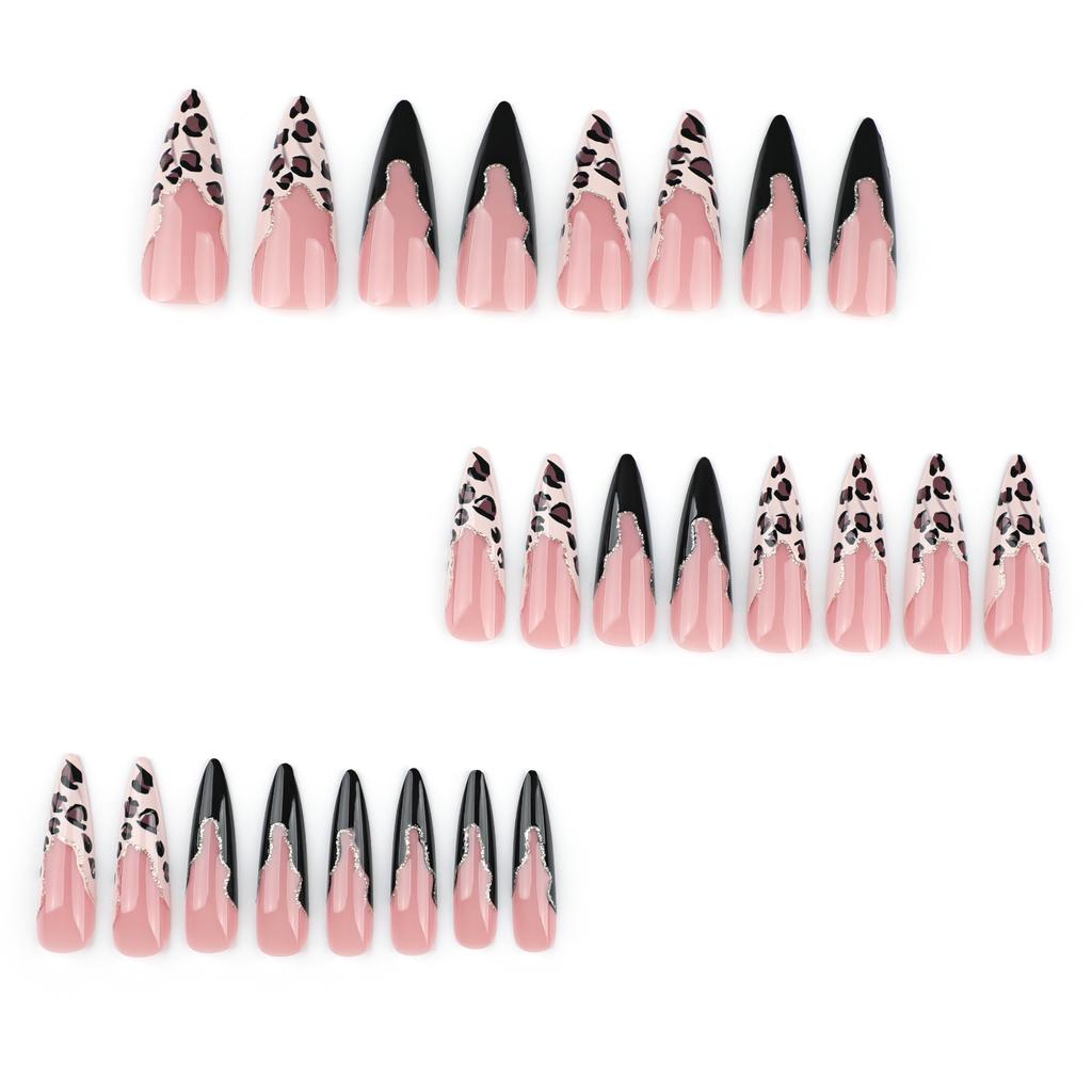 French leopard print manicure, hot-selling wearing nail pads in Europe and America, black splicing fake nails, super long pointed nail pads