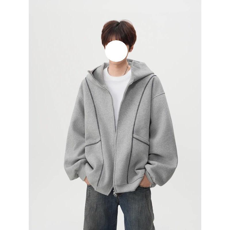 Men s Heavyweight Deconstructed Air Layer Cardigan Hoodie, Autumn/Winter Trendy Design with Exposed Seams, Casual Hooded Jacket. XL