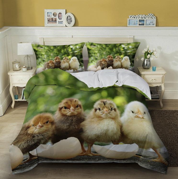 Chick Kids Duvet Cover Set King/Queen Size, Farm Animal Print Duvet Cover, Yellow Cute Chick Bedding Set In The Basket, Green