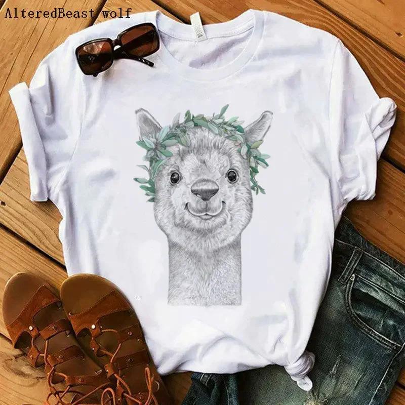NO DRAMA LLama TShirts Women Funny Printed Llama T Shirt Femme Women Cartoon Short Sleeve White Tops Christmas Tshirt Clothes