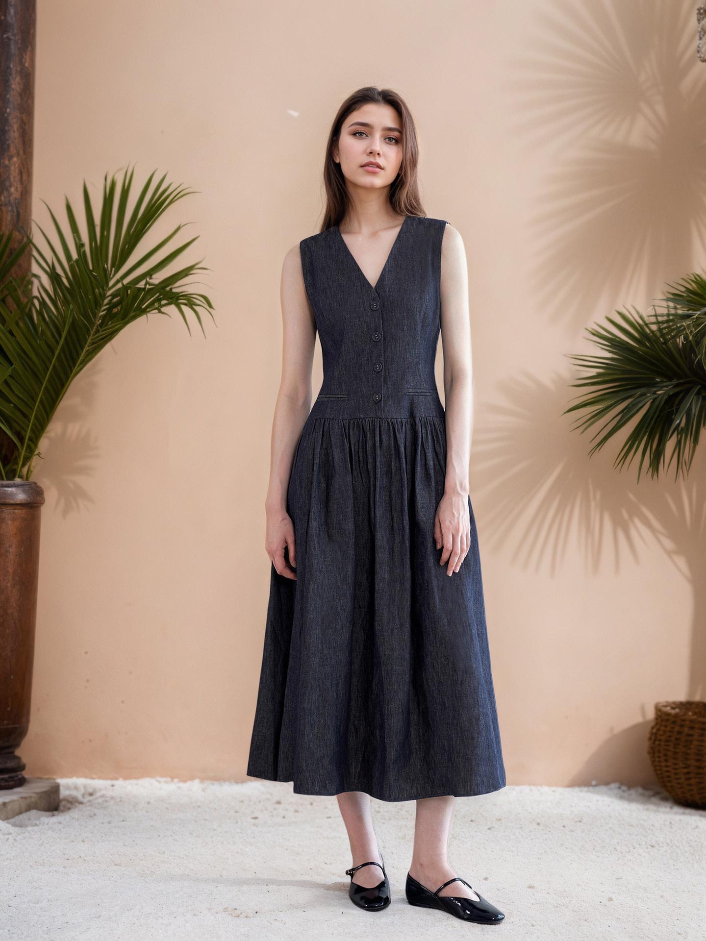 European and American summer new design V-neck pocket medium and long dress temperament simple casual loose sleeveless dress S